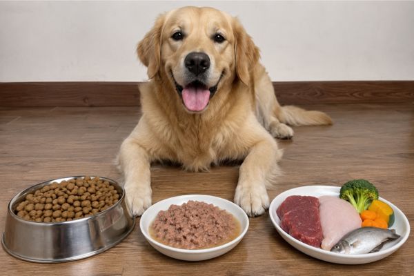 Ba nhóm thức ăn cho chó phổ biến gồm thức ăn hạt khô, thức ăn ướt (pate) và thức ăn tươi tự chế biến.