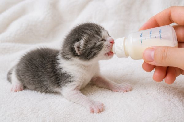 Mèo con mới đẻ đang được cho bú bằng bình sữa chuyên dụng ở tư thế nằm sấp tự nhiên