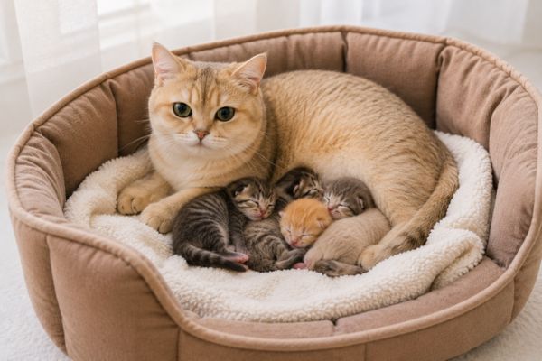 Ổ nằm mềm mại được chuẩn bị cho mèo mẹ và mèo con mới đẻ trong không gian yên tĩnh