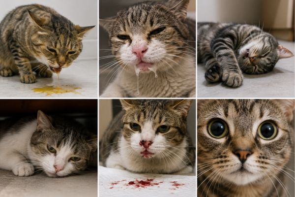 Các dấu hiệu mèo ăn phải bả như nôn mửa, chảy dãi, lờ đờ và đồng tử giãn