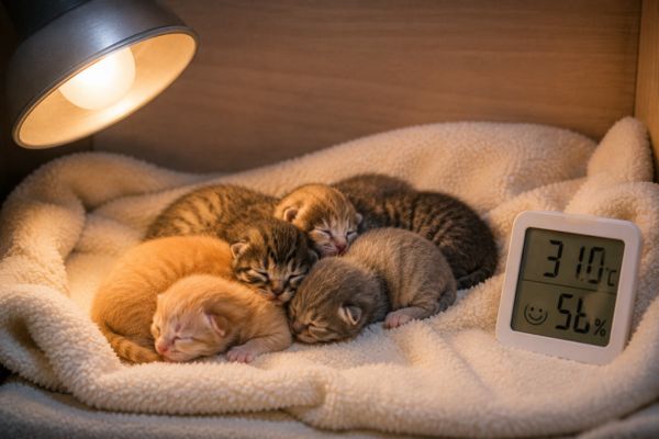 Chuẩn bị ổ nằm ấm áp giúp mèo con duy trì thân nhiệt ổn định.