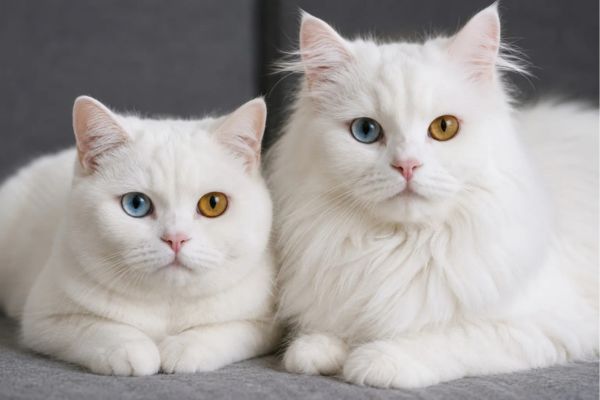 Mèo Anh lông ngắn (trái) và mèo Anh lông dài (phải) sở hữu đôi mắt hai màu độc đáo