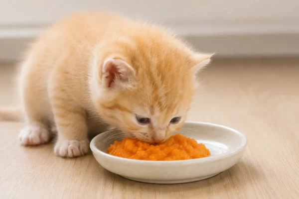 Mèo con 1 tháng tuổi ăn rau củ nghiền nhuyễn