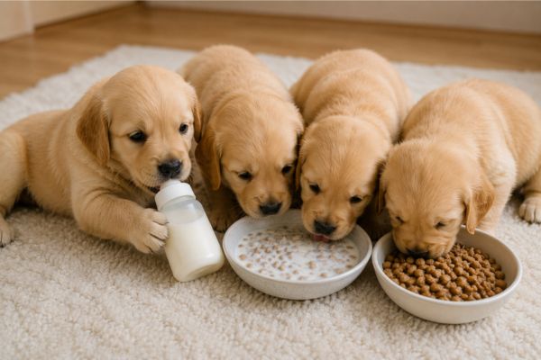 Chó con từ 0 - 8 tuần tuổi cần được cung cấp sữa mẹ hoặc sữa thay thế và tập làm quen với thức ăn mềm.
