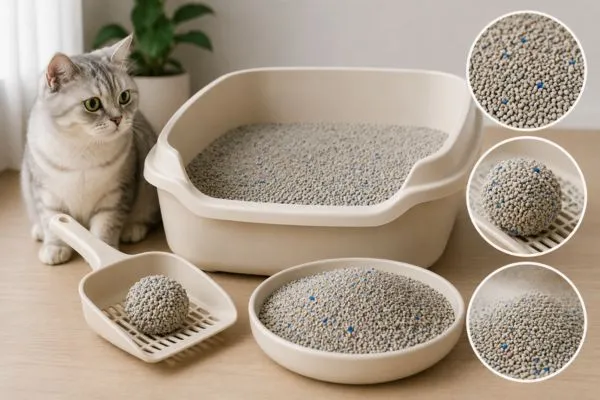 Cát Bentonite (đất sét) cho mèo với khả năng vón cục nhanh và dễ vệ sinh khay cát.
