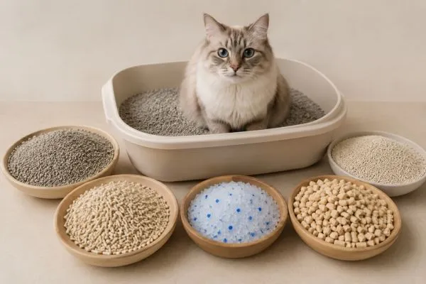 Cát mèo với các loại cát vệ sinh cho mèo phổ biến gồm Bentonite, đậu nành, Silica, cát gỗ và cát giấy