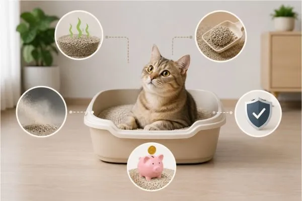 Mèo sử dụng khay cát với các tiêu chí chọn cát vệ sinh cho mèo như khử mùi, vón cục, ít bụi và an toàn.
