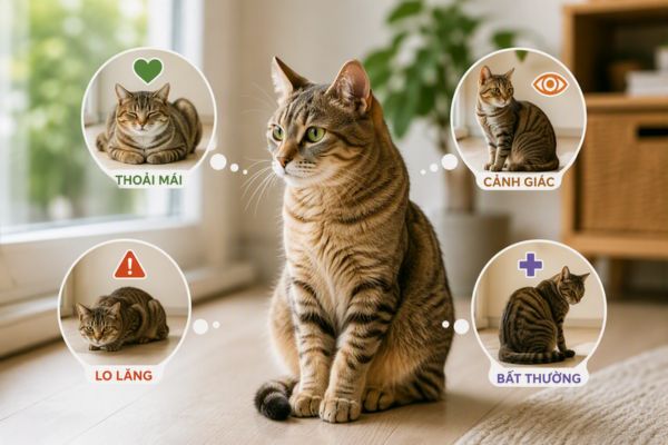 Tư thế ngồi của mèo phản ánh cảm xúc và trạng thái